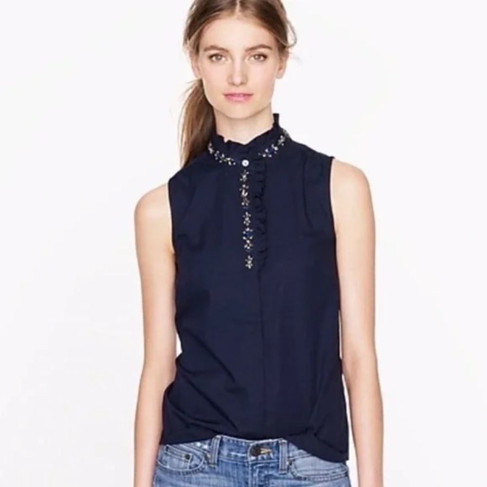 J. Crew Bejeweled Sleeveless Cotton Blouse with Ruffles